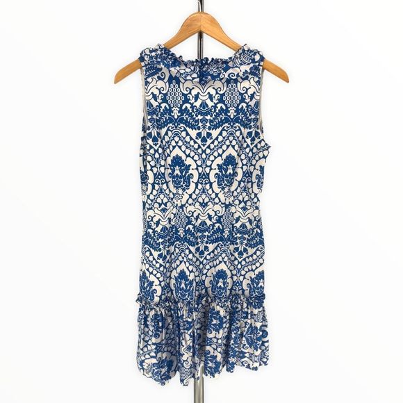 Milly Blue & White Floral Sleeveless V Neck Ruffle Trim Tiered Dress size 4 - Picture 7 of 11